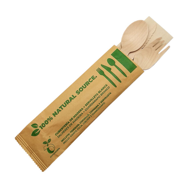 Set de cubiertos de madera encerada + serv. Kraft Tenedor + cuchillo + cuchara + Serv. 30 x 40 cm.