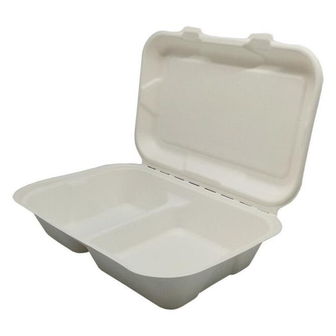 Envase de bagazo con tapa bisagra - Hamburguesa / Snack - 2 compartimentos 25